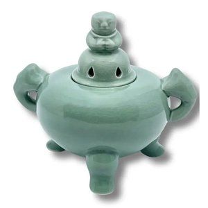 VTG Green Celadon Ceramic Buddha Incense Burner Tripod Boho Asian Luck MCM Boho